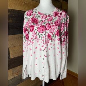 New! Karen Scott Floral Pink & White Jersey Cardigan Size XL